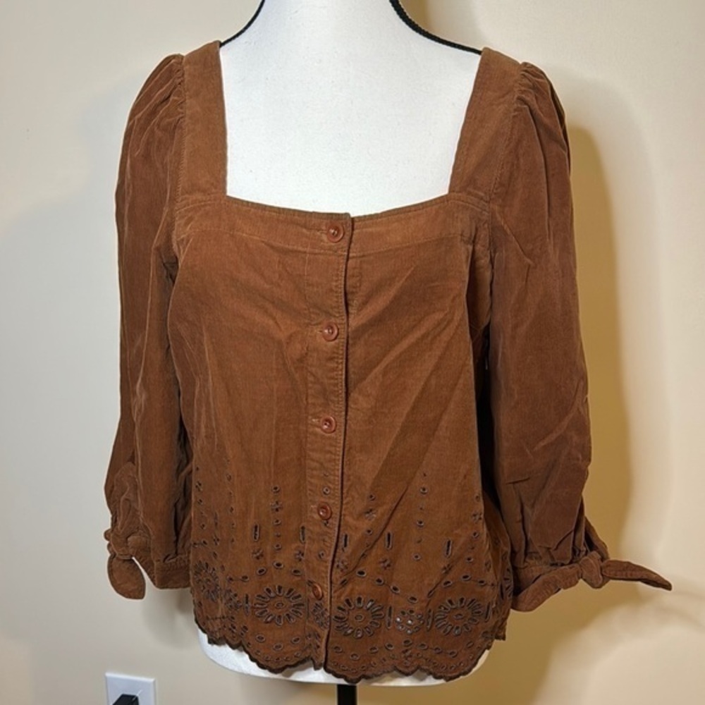 Madewell boho Womens Size Small Brown Embroidered Eyelet Corduroy Tie-Sleeve